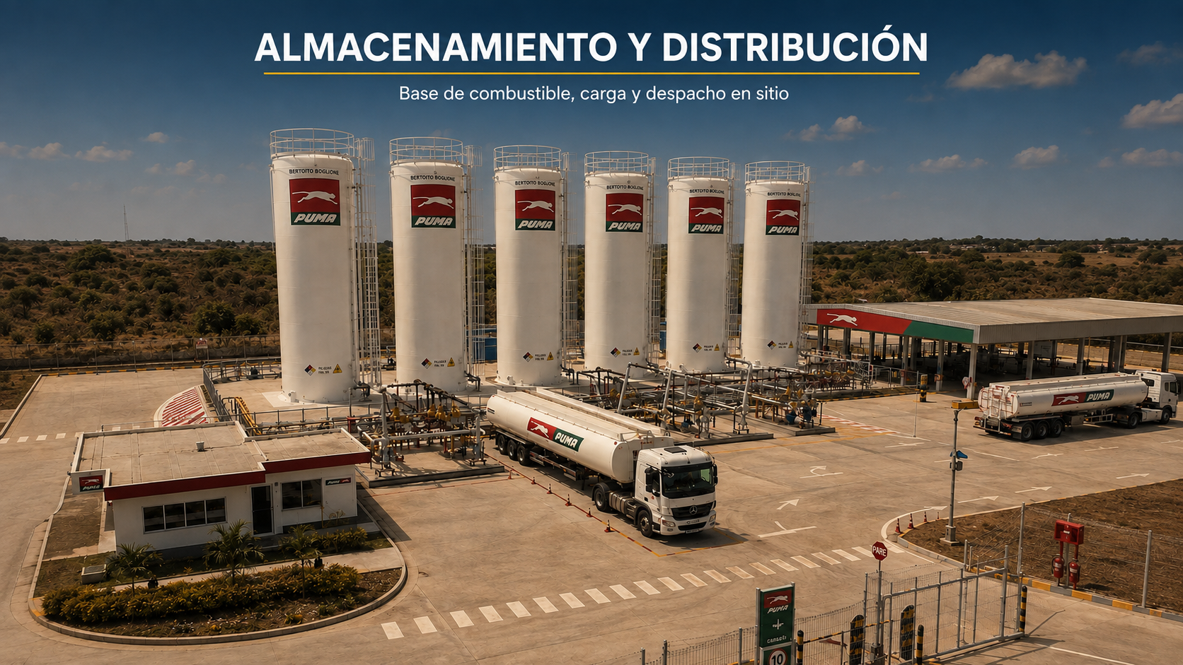 Vista aérea de la base de almacenamiento de combustible con tanques verticales, isla de carga y camión cisterna