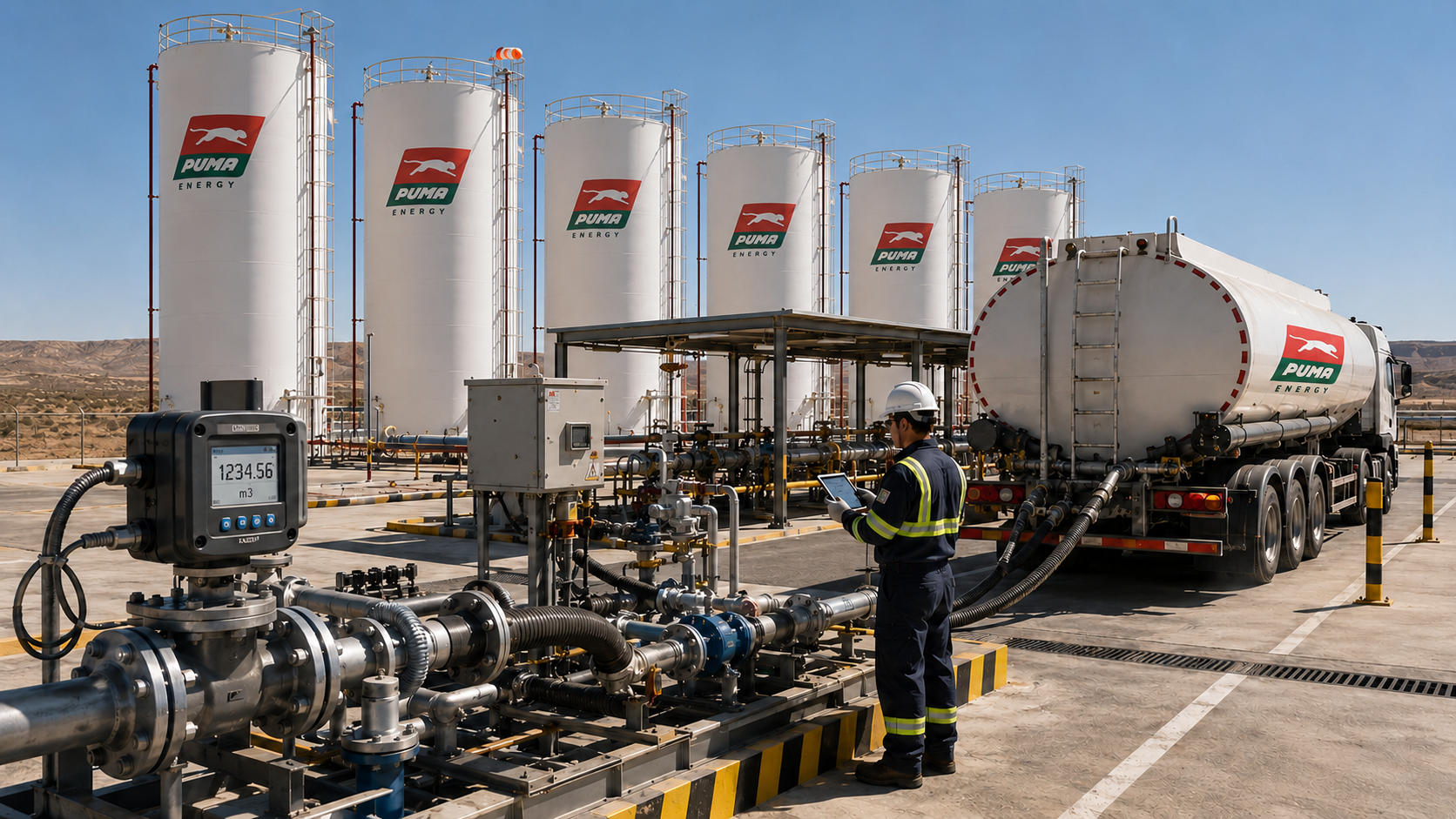 Base de almacenamiento con tanques de gran capacidad, skid de medición y camión cisterna cargando