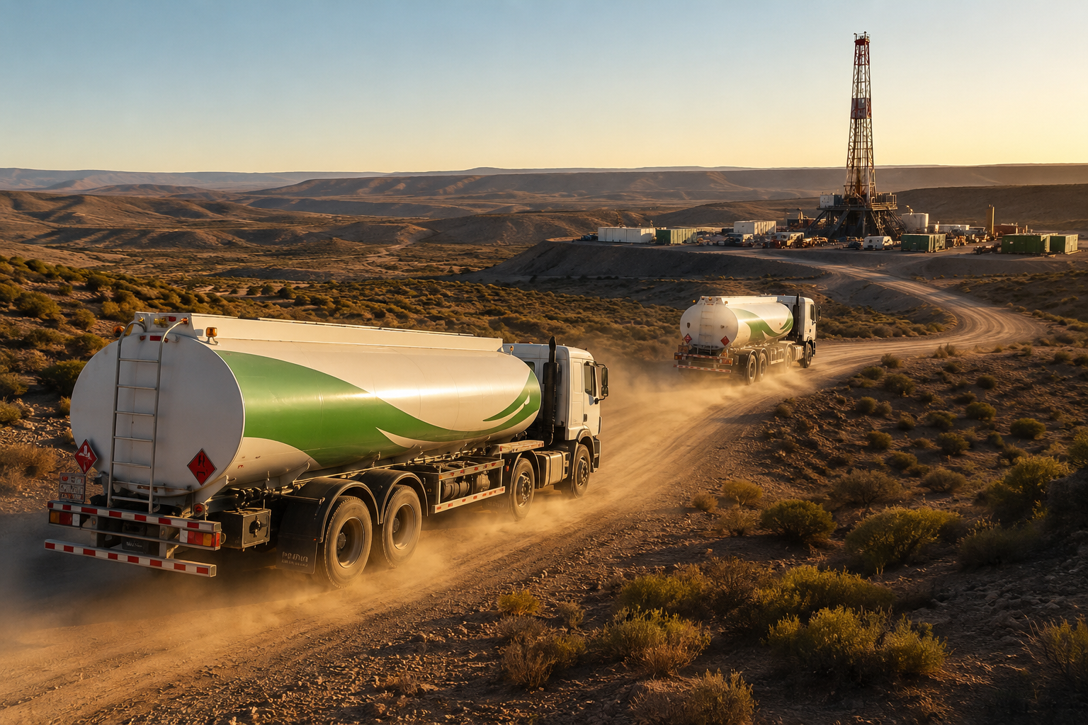 Camiones cisterna de combustible transitando por camino de ripio hacia una locación de Vaca Muerta