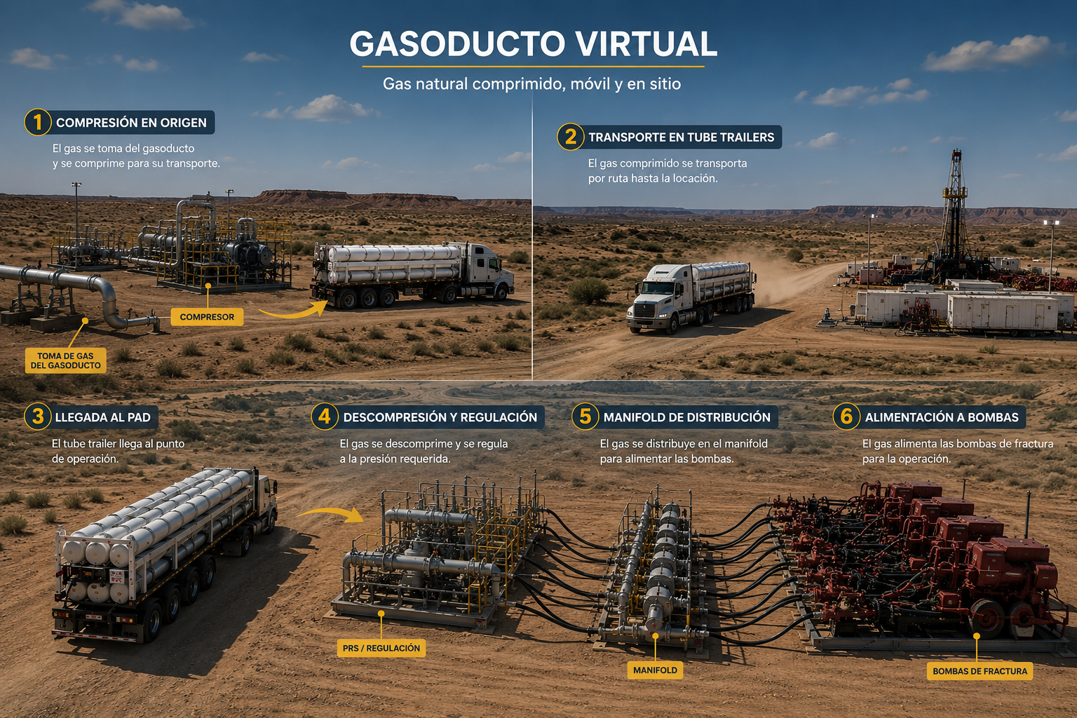 Infografía del gasoducto virtual: compresión en origen, transporte en tube trailers, descompresión, manifold y alimentación a bombas de fractura