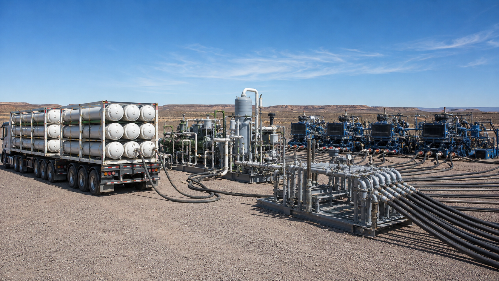 Tube trailer, skid de compresión y manifold alimentando las bombas de fractura en el pad