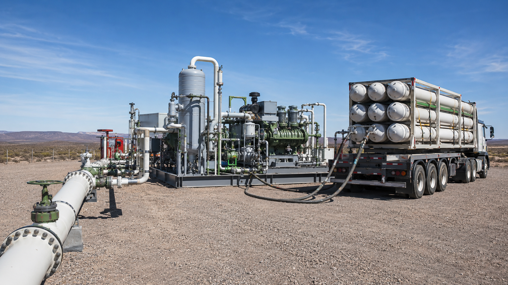 Planta compresora tomando gas del gasoducto y cargando un tube trailer en origen