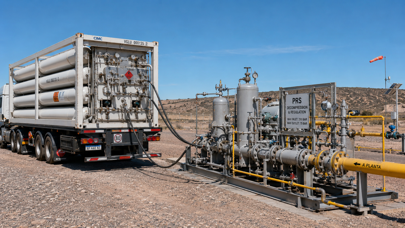 Skid PRS de descompresión y regulación conectado al tube trailer en el pad