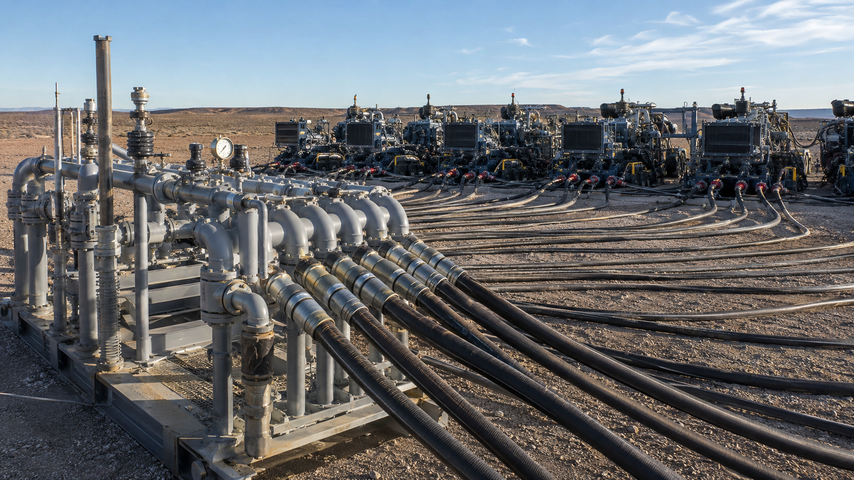 Manifold de alta presión distribuyendo gas mediante mangueras hacia las bombas