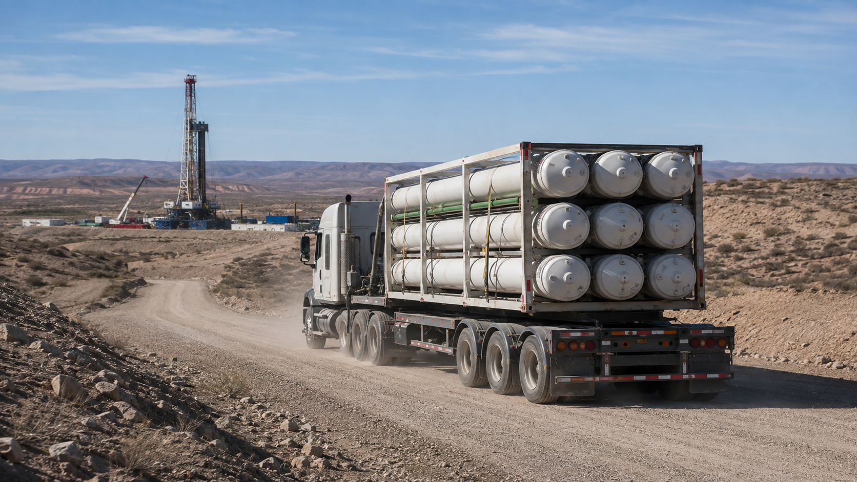 Camión con tube trailer transportando gas natural comprimido hacia la locación de fractura