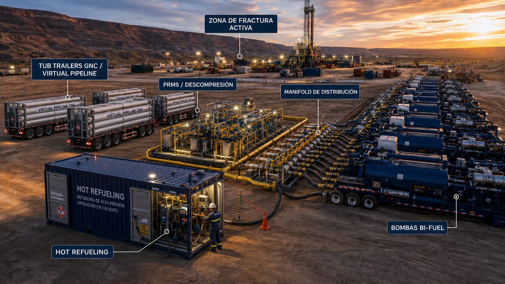 Esquema aéreo de una operación de fractura con virtual pipeline de GNC, PRMS, manifold de distribución, bombas bi-fuel y hot refueling